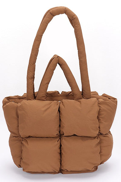 Babe Beachwaer small puffer lightweight tote bag in brown with padded quilted design and dual handles