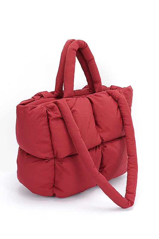Red small puffer lightweight tote bag by Babe Beachwear with padded handles and quilted design