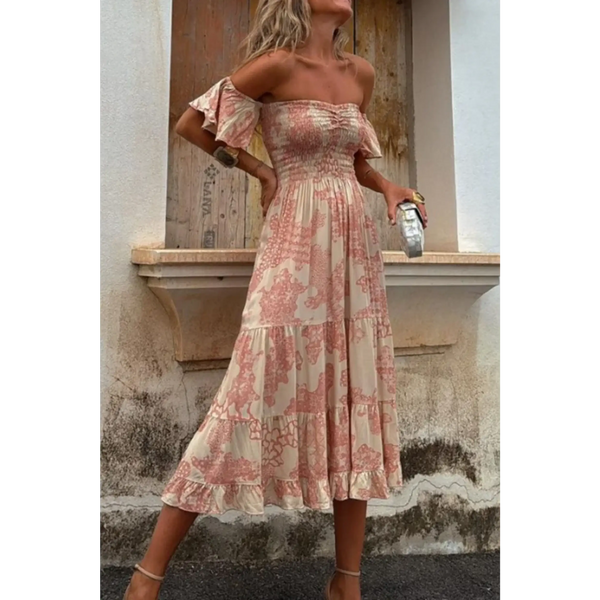 Trendsi smocked off shoulder midi dress with ruffle sleeves and floral pattern in soft pink tones