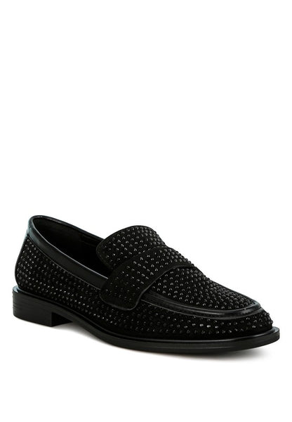 Rag Company black sparkling rhinestone loafers with low heel and studded design