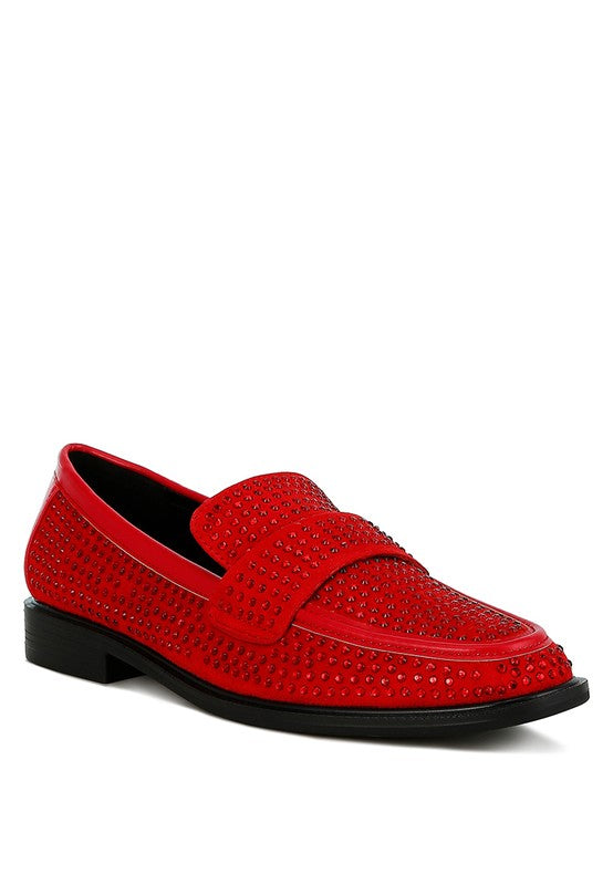 Rag Company red sparkling rhinestone loafers with black sole and elegant studded design