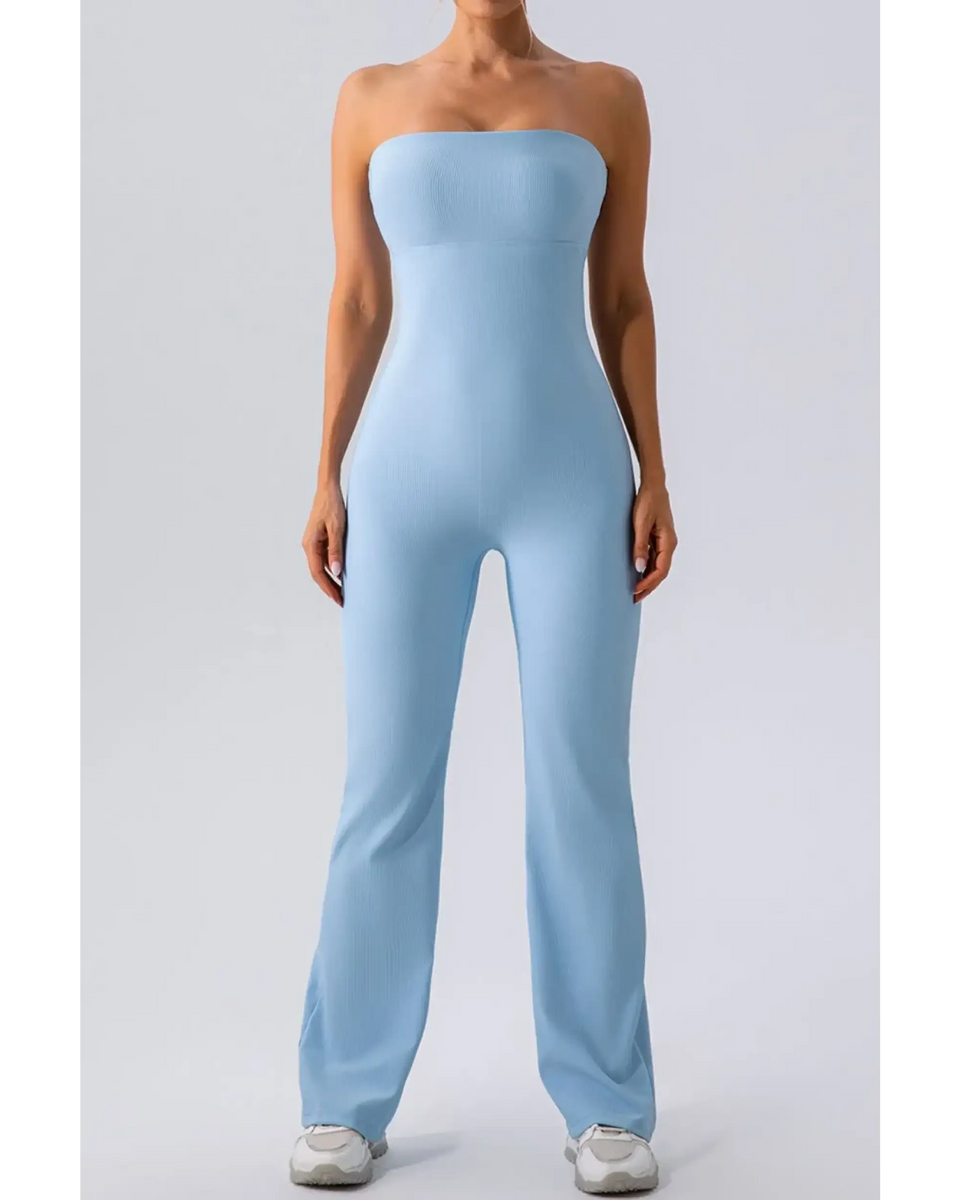 Babe Beachwear strapless active jumpsuit in light blue with a fitted bodice and wide-leg pants