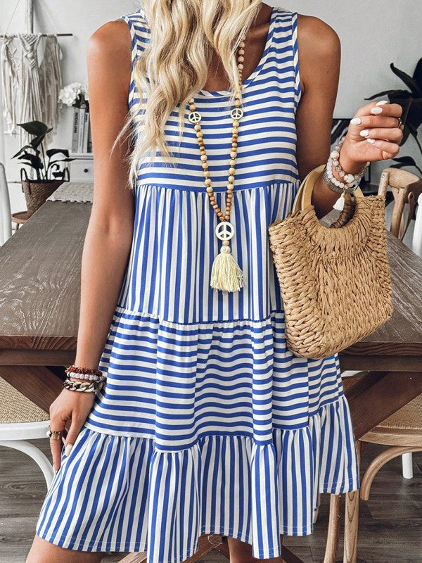 EG fashion striped midi dress summer in blue and white with sleeveless design and tiered skirt