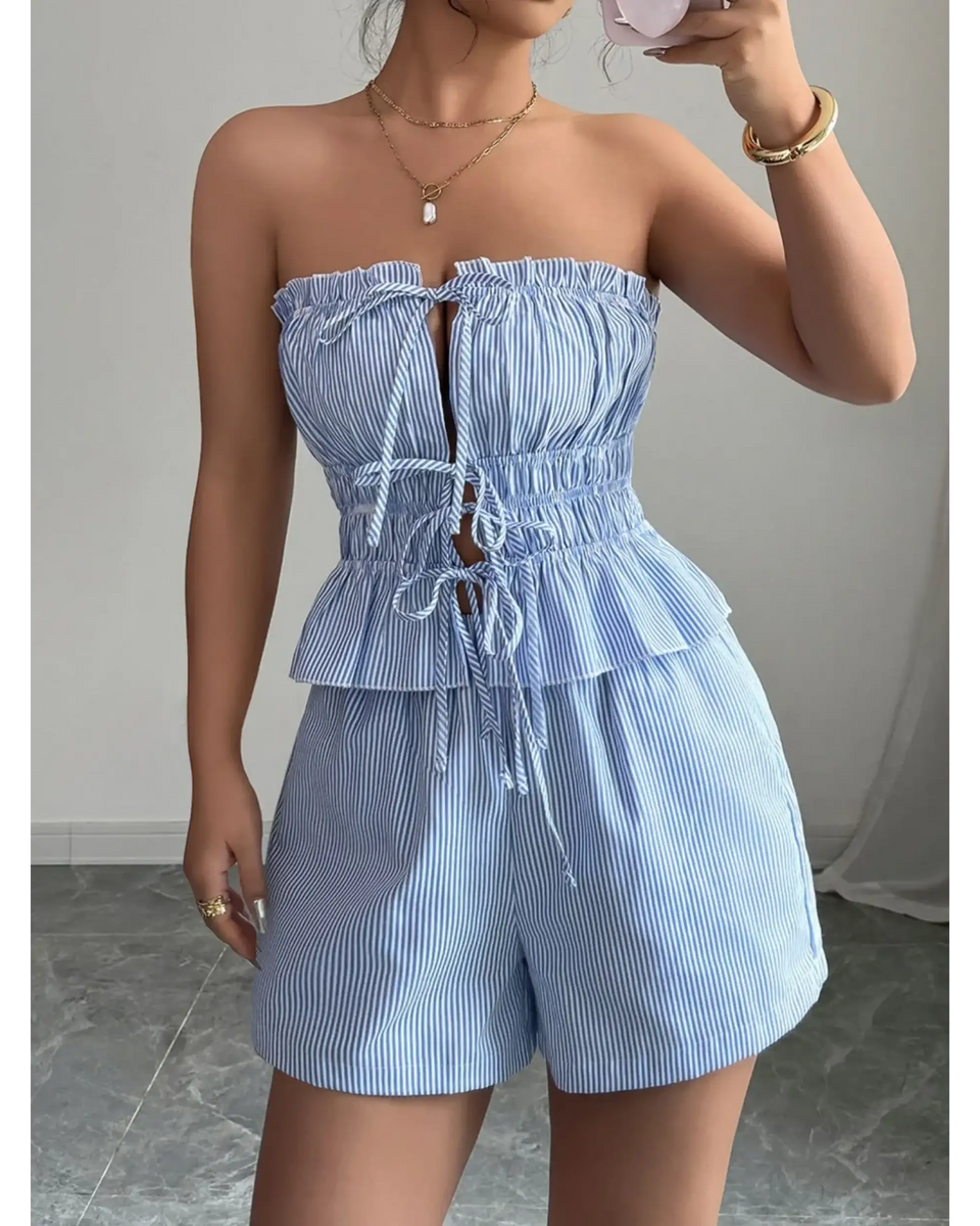 Babe Beachwear striped strapless shorts set for women with blue and white vertical stripes and ruffle detail