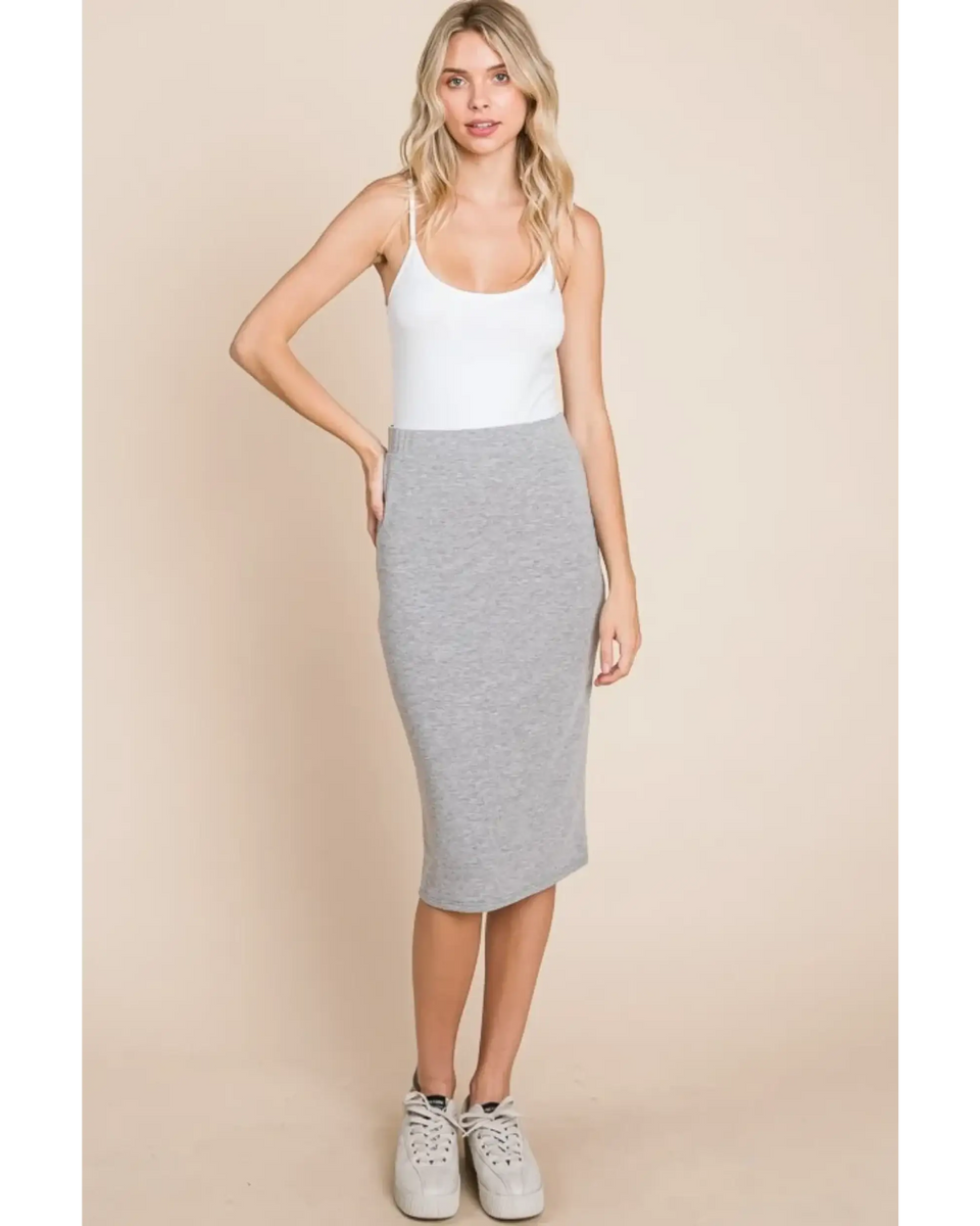 Stylish gray knit midi pencil skirt dress by Babe Beachwear worn with white tank top and sneakers