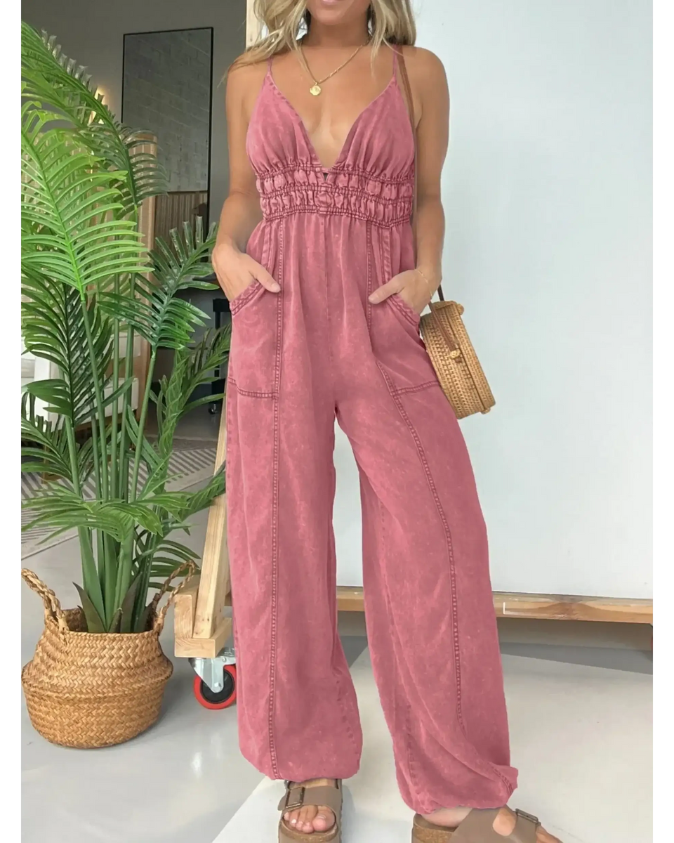 Babe Beachwear spaghetti strap summer jumpsuit in pink with deep v-neck and wide legs