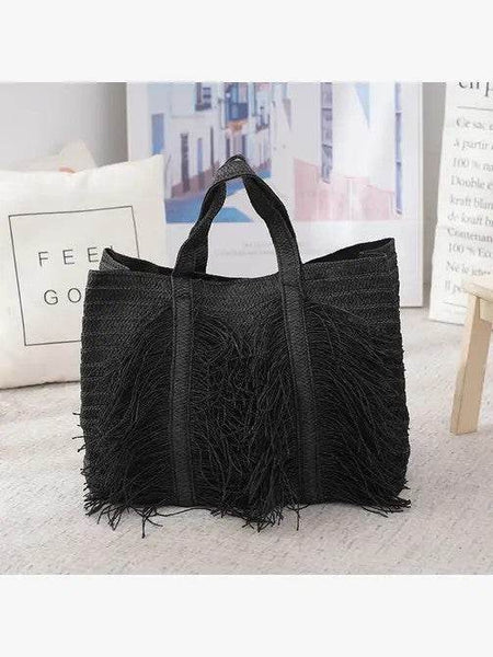 Black Babe Beachwaer Super Boho Fringe Woven Tote bag with textured fringe design and sturdy handles
