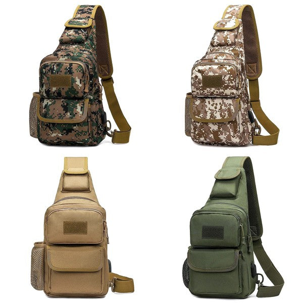 Babe Beachwear tactical bag for men in camo green, desert camo, tan, and olive green colors with multiple pockets