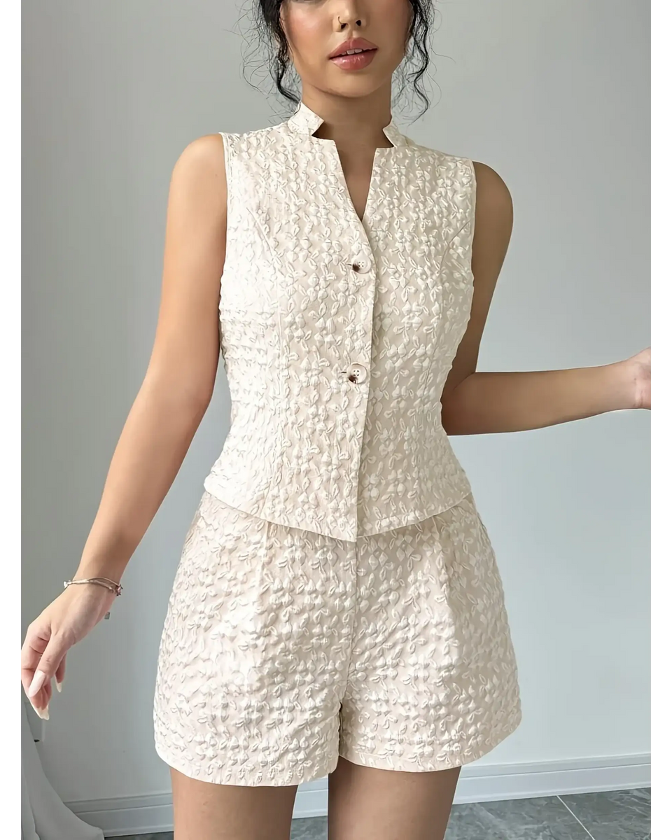 Trendsi textured resort vest and short set in light beige with sleeveless button-up vest and matching shorts