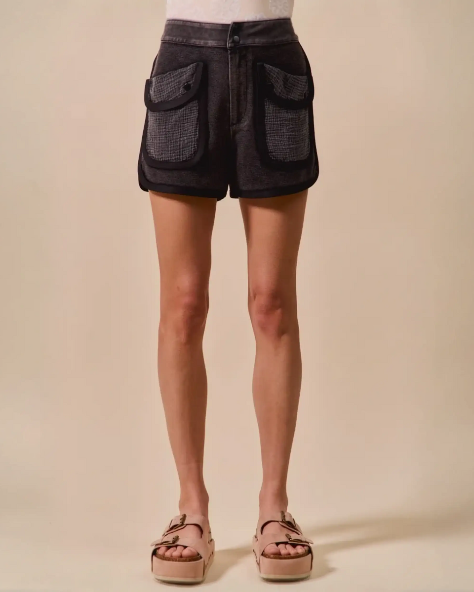 Trendsi vacation denim shorts for women in black with front large patch pockets