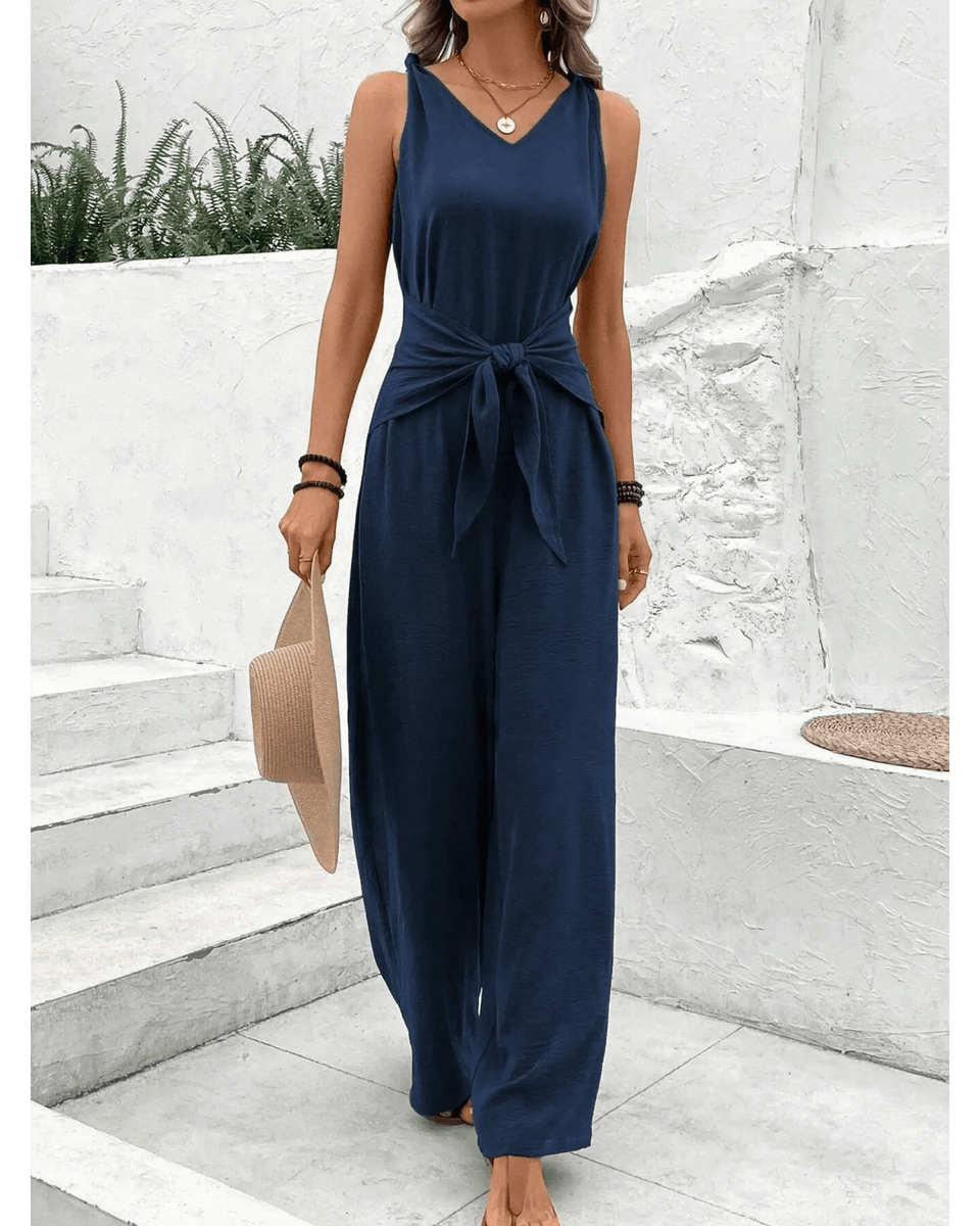Navy blue sleeveless jumpsuit with waist tie from Babe Beachwear perfect vacation dinner outfit for women