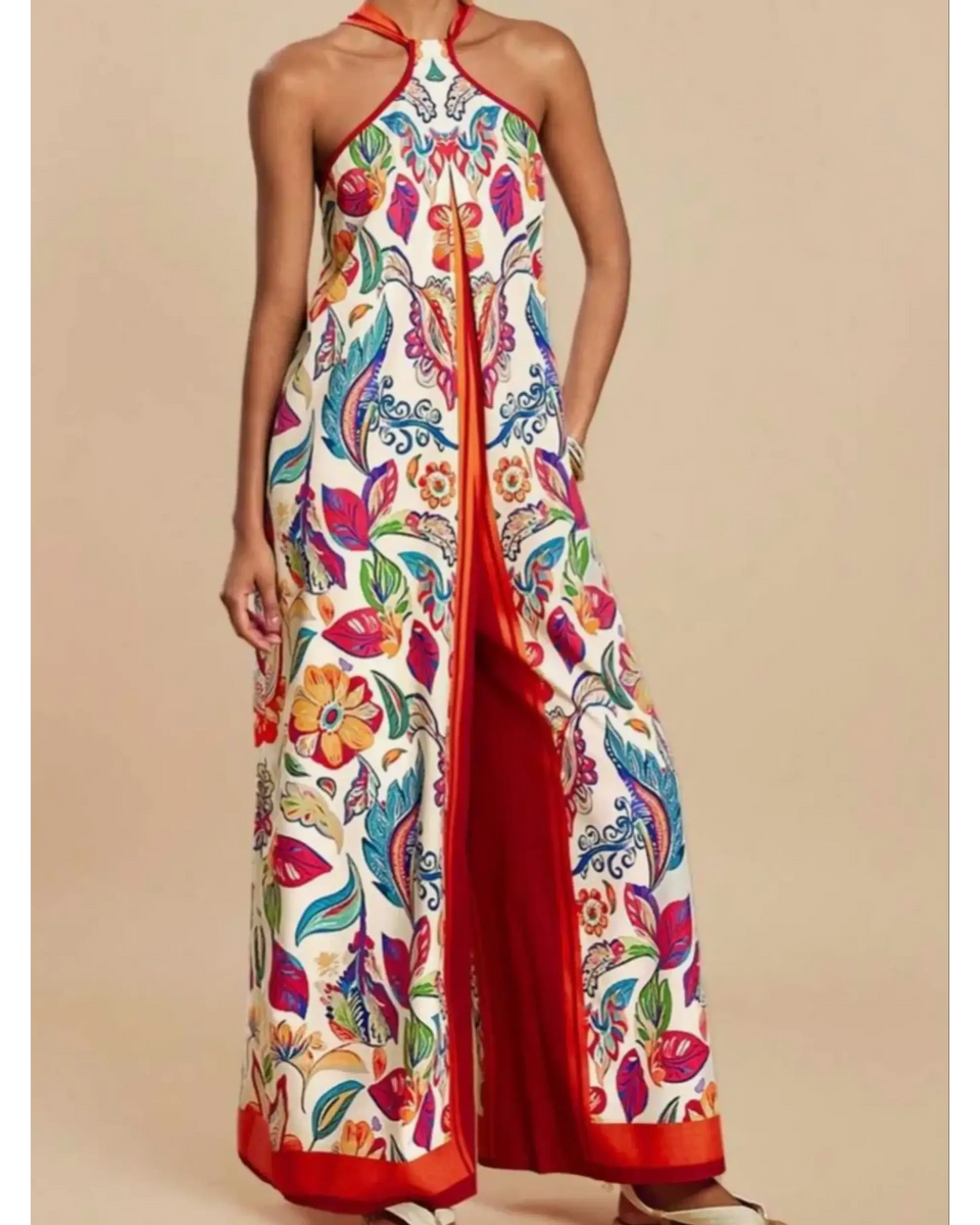 Babe Beachwear colorful floral vacation halter jumpsuit outfit with wide legs and red trim