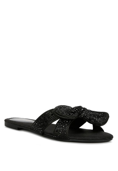 Rag Company black sandals with sparkling rhinestone embellishments and bow detail on flat sole