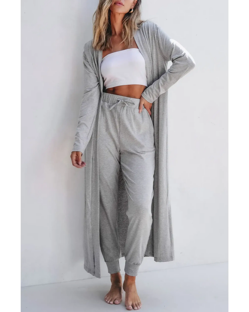 Trendsi 2 Pc Pants and Duster Leisure Set in light gray worn by woman with white tube top