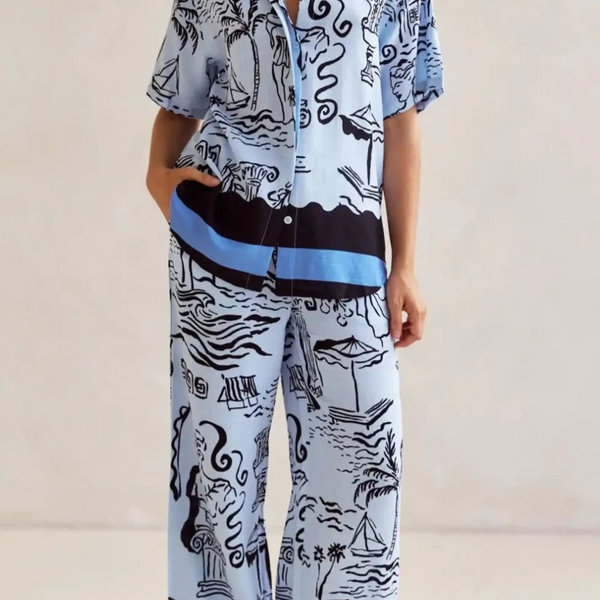 Trendsi blue summer lounge set for curvy women with abstract black and navy print and relaxed fit