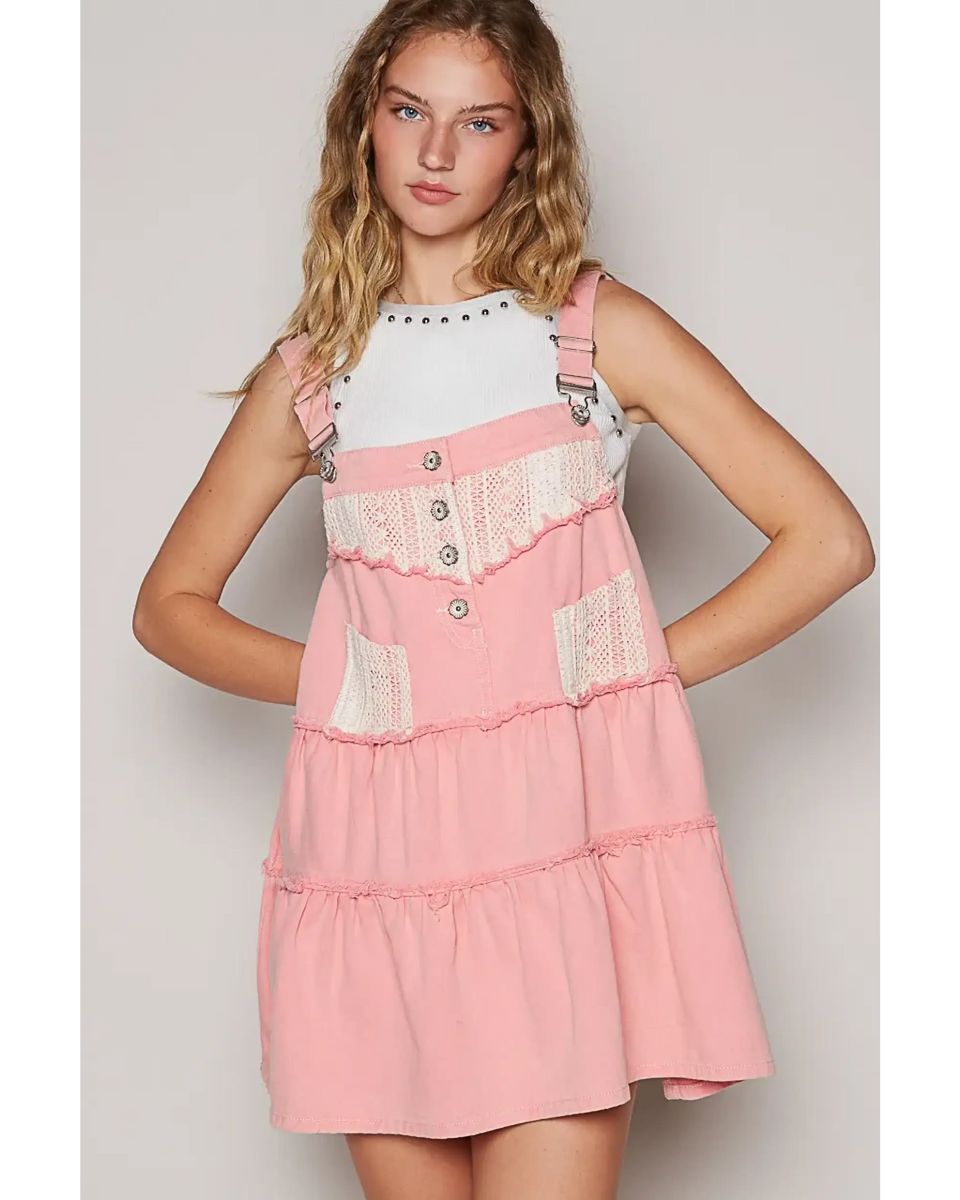 casual resort Mini dress for women in pink with button and lace detailing