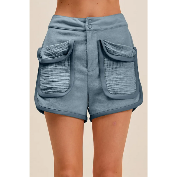 Trendsi High Rise Cargo Shorts in blue with large front pockets and double button closure