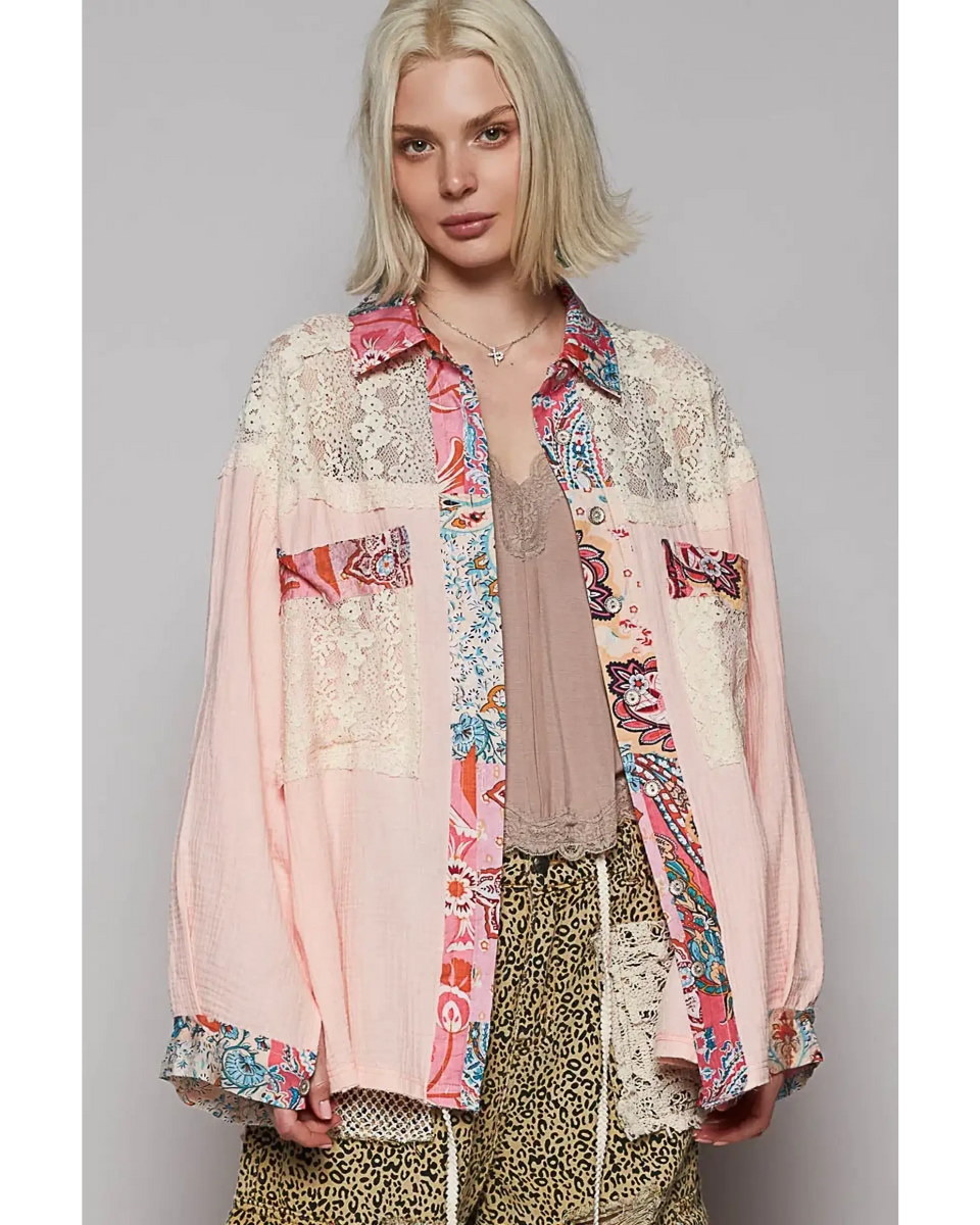 Babe Beachwear lace patchwork long sleeve shirt in pink and floral patterns with lace details