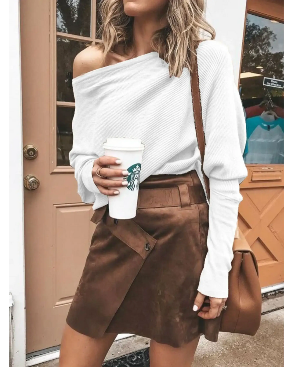 Babe Beachwear one shoulder ribbed top for curvy women styled with brown skirt and coffee cup