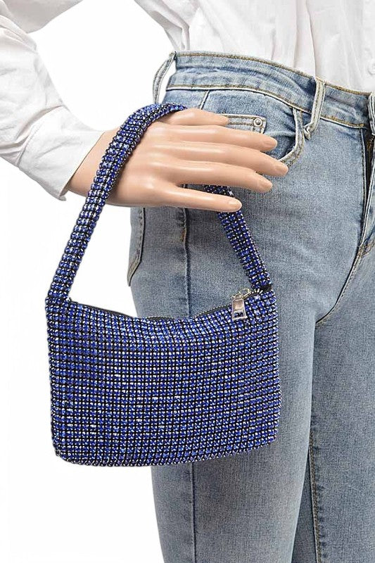 Babe Beachwaer Sparkle Soft Shoulder bag small in blue with rhinestone embellishments held by mannequin