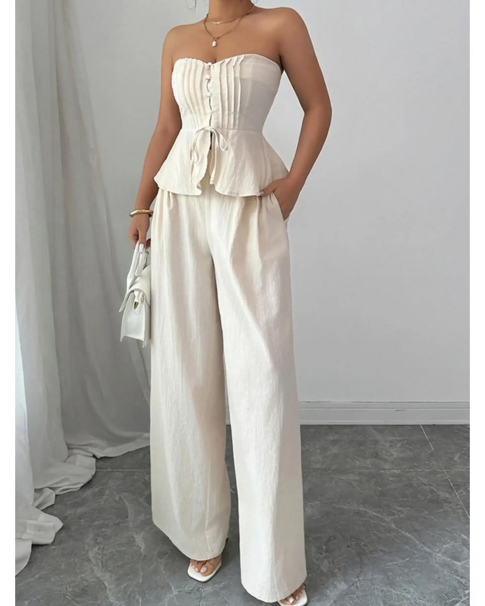 Babe Beachwaer sweetheart neck tube top and pants set in cream with wide-leg pants and peplum top
