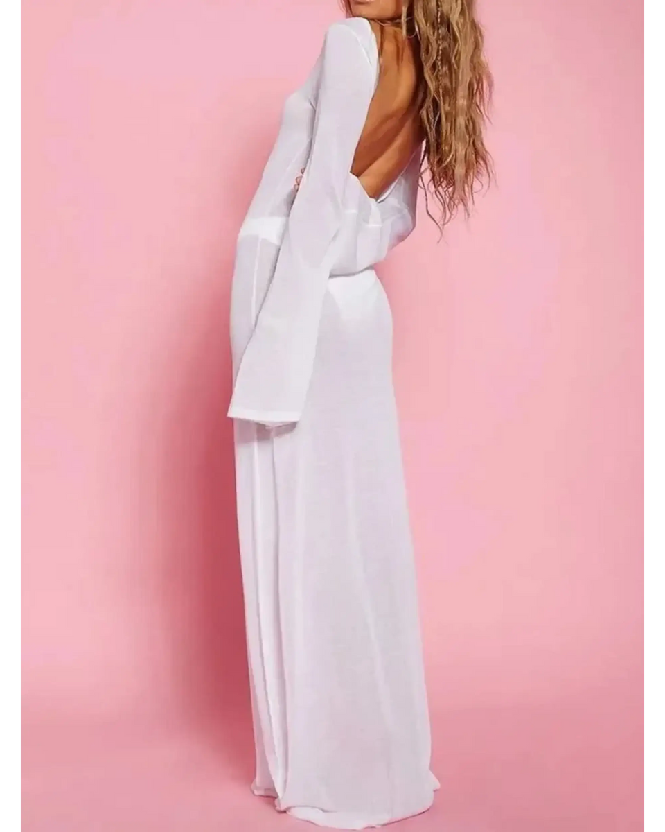 Trendsi white swimsuit cover up long sleeve maxi dress with backless design on model