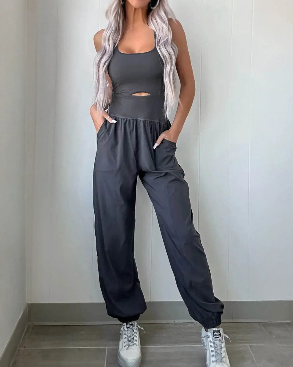 Trendsi women's beach jumpsuit black sleeveless athletic style with pockets and elastic ankle cuffs