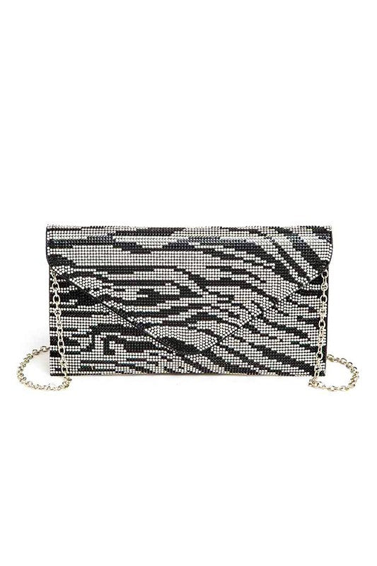 Babe Beachwear women's evening bag with rhinestones in black and silver zebra pattern with chain strap