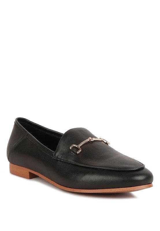 Babe Beachwaer black leather women's horsebit loafers with gold hardware and tan sole