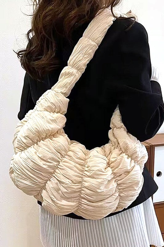Babe Beachwear women's puffer hobo bag in cream with ruched texture and wide strap