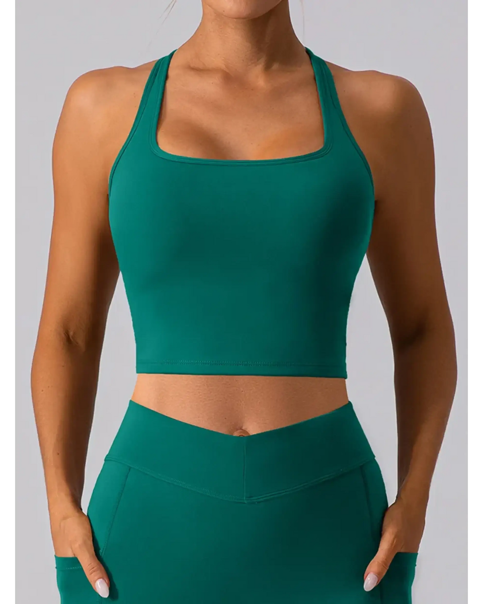Babe Beachwaer women's racerback crop top active tank in teal green fitted style