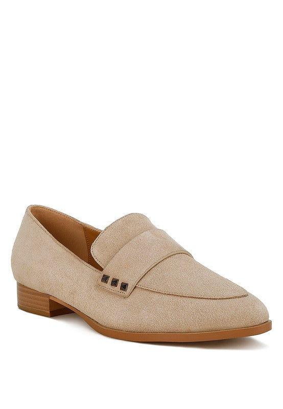 Rag Company women's studded suede loafers in beige with low wooden heel and square studs