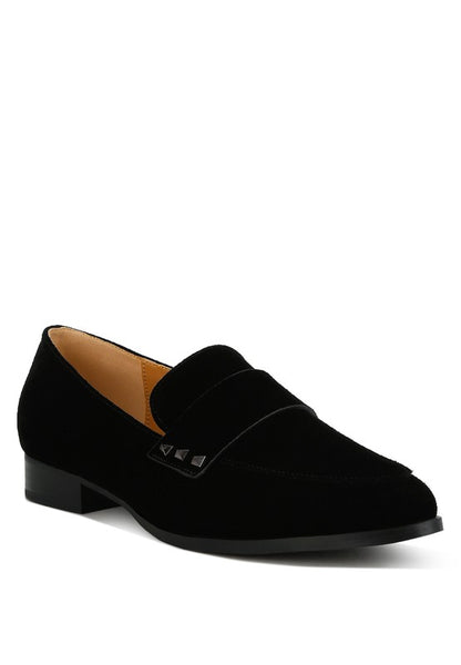 Rag Company women's studded suede loafers in black with low heel and decorative stud details