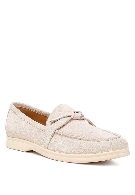 Rag Company women's suede loafers in light beige with decorative bow and low heel