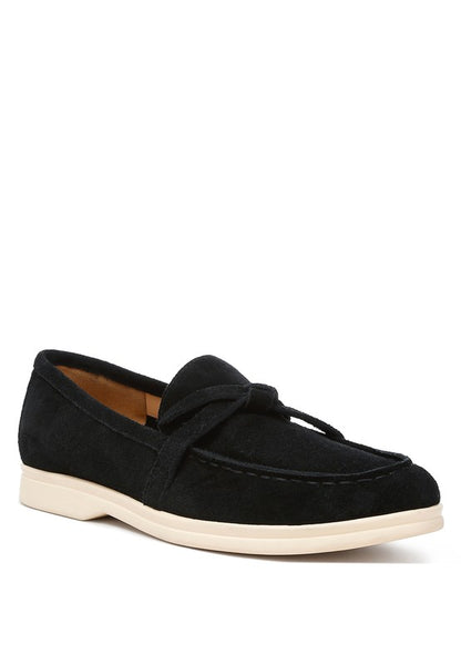 Rag Company black women's suede loafers with white sole and bow detail for casual wear