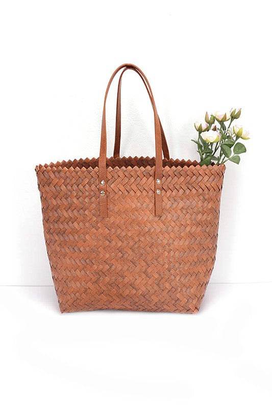 Babe Beachwear woven bamboo summer handbag with leather handles and woven texture