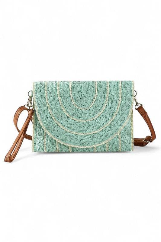 Babe Beachwear Small Clutch Shoulder bag with textured mint green fabric and brown adjustable strap