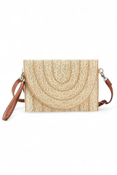 Babe Beachwaer small clutch shoulder bag with woven straw texture and brown adjustable strap