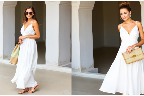 woman wearing a white dress side by side with the same dress on one casual style and the other dressy dinner style