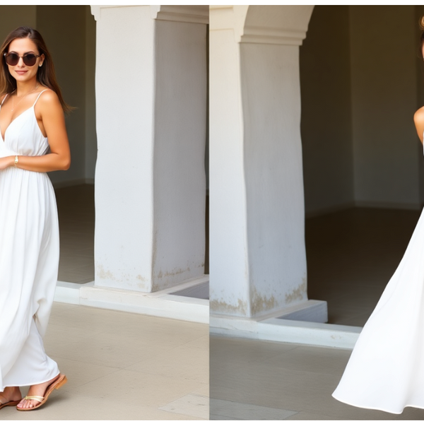 woman wearing a white dress side by side with the same dress on one casual style and the other dressy dinner style