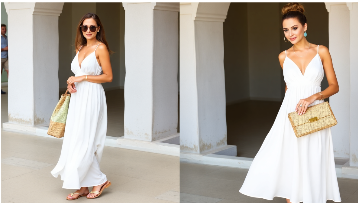 woman wearing a white dress side by side with the same dress on one casual style and the other dressy dinner style