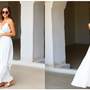 woman wearing a white dress side by side with the same dress on one casual style and the other dressy dinner style