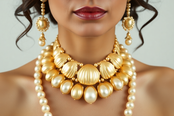 Zoomed in Studio look of a woman wearing a large gold shell necklace with pearls and matching earrings and bracelet 