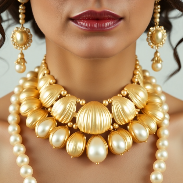 Zoomed in Studio look of a woman wearing a large gold shell necklace with pearls and matching earrings and bracelet 