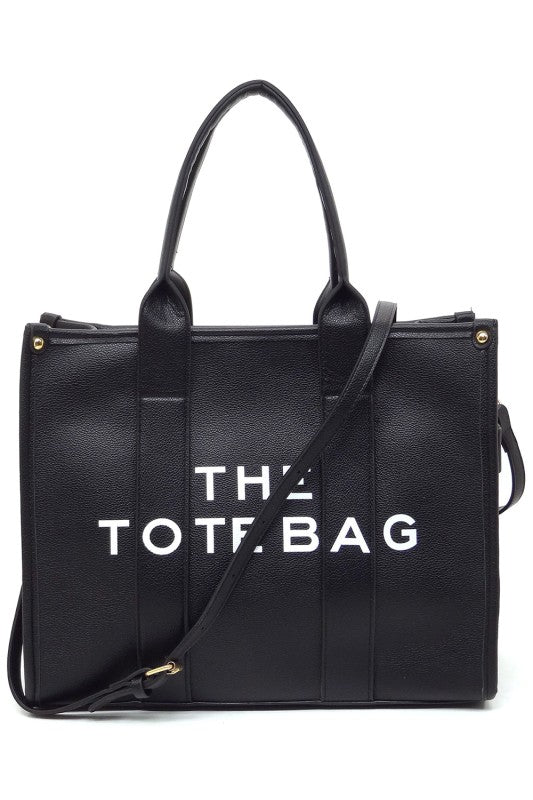 Black leather tote bag for summer with white text and shoulder strap for stylish everyday use