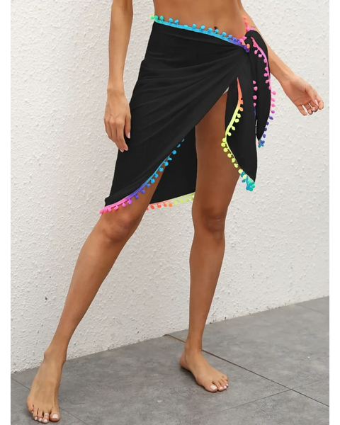 Beach Babes black coverup with colorful pom-pom trim tied at waist for stylish beachwear