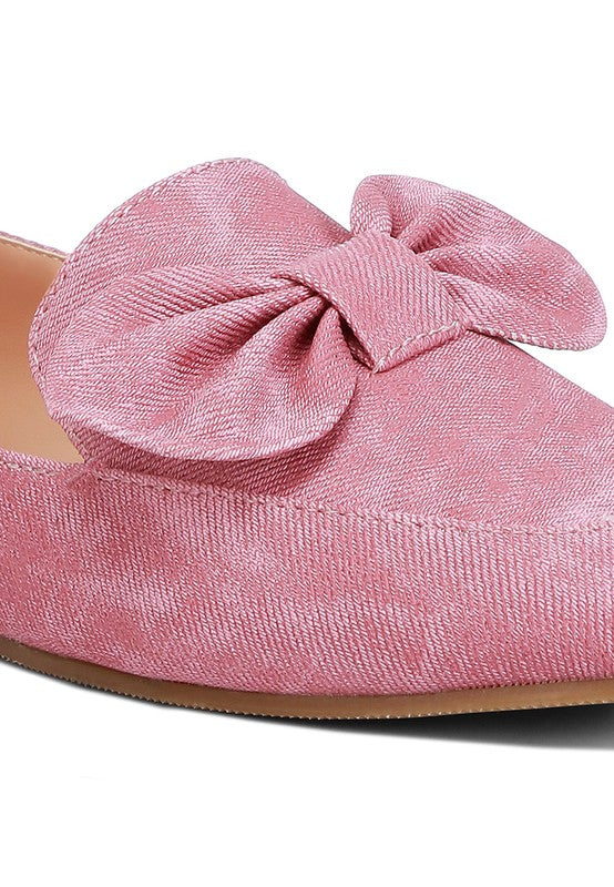 Rag Company women's denim bow loafers in pink with a large fabric bow detail on the front
