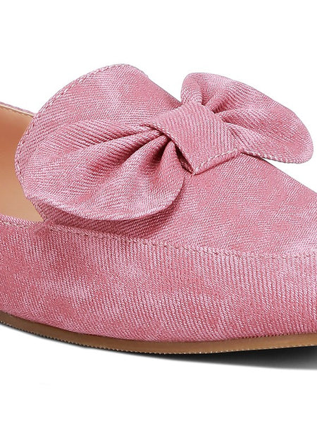 Rag Company women's denim bow loafers in pink with a large fabric bow detail on the front