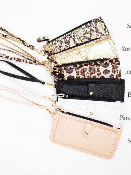 Babe Beachwear cruise wristlet wallet for women in snake, rose gold, leopard, black, pink marble, and nude colors