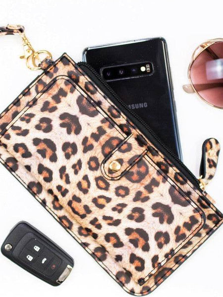 Leopard print cruise wristlet wallet for women by Babe Beachwear with zipper and snap button closure